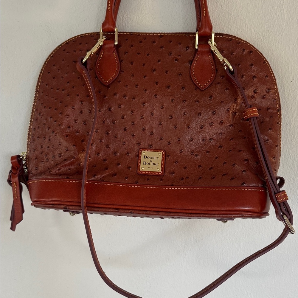 Dooney & Bourke brown ostrich leather zip zip satchel crossbody bag - Picture 3 of 16